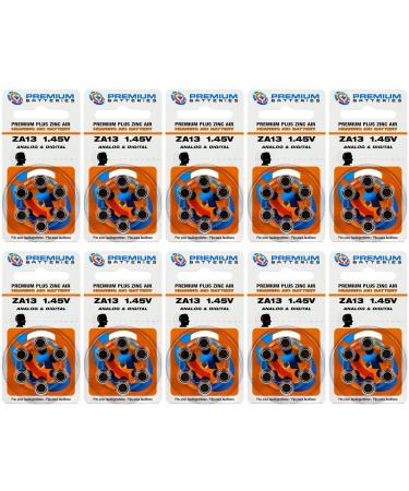 Premium Batteries Size 13 ZA13 P13 PR48 1.45V Zinc Air Hearing Aid Batteries Orange Tab (60 Batteries)