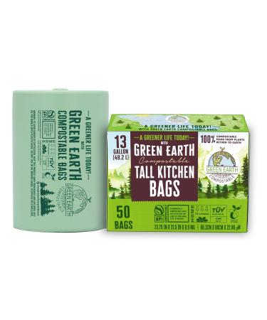 Green Earth Compostable Tall Kitchen Food Scrap Waste Bags 13 Gallon 49 Liter 50-Count Superior Strength 0.9 Mil Thickness ASTM D6400 US BPI & Europe OK Compost Home Certified USA 13 Gallon 50 Count (Pack of 1)