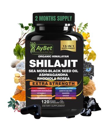 AyBet Shilajit for Men and Women-Organic Himalayan Shilajit Capsules with Sea Moss Black Seed Oil Ashwagandha Rhodiola Rosea Burdock Cordyceps Mushroom Ginseng Turmeric Ginger 120 Capsules