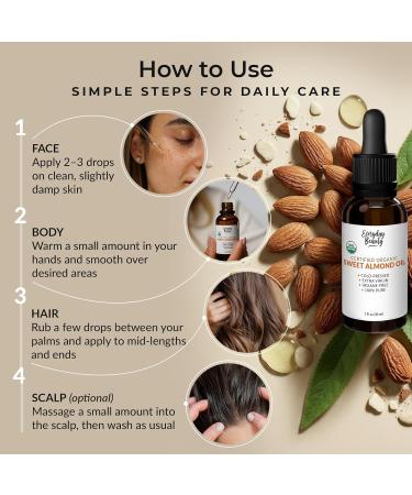Organic Sweet Almond Oil | 100% Pure, Cold-Pressed, Unrefined | USDA Certified Organic | Amber Glass Bottle with Glass Dropper | For Face, Skin & Hair - 1 Fl Oz - Buy Online on GoSupps.com