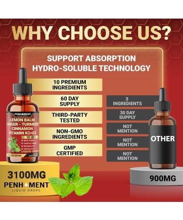 Penhoment 10in1 Lemon Balm Tincture with Ginger Root, Turmeric Liquid, Ceylon Cinnamon, Berberine, Black Pepper for Relaxation 3300mg - 1FL Oz - 60 Day Supply - Buy Online on GoSupps.com