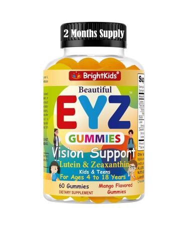 BrightKids Eye Health Gummies for Kids & Teens Lutein & Zeaxanthin Vision Support Vegan Non-GMO Eye Vitamins for Screen Time Tasty Mango Flavor 60 Gummies
