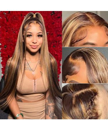 DDSNNT Highlight Ombre Straight Lace Front Wigs Human Hair 13x4 Honey Blonde Brown 180% Density Colored 4/27 HD Lace Frontal Wigs Human Hair Pre Plucked with Baby Hair Lace Wig for Women 24 Inch 4/27 highlight ombre (13x...