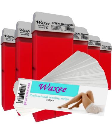 6x 100ml Roller ROLL ON WAX CARTRIDGE + 100 strips Body & Leg "Waxee" NEW FORMULA (Strawberry) Strawberry TiO2 line