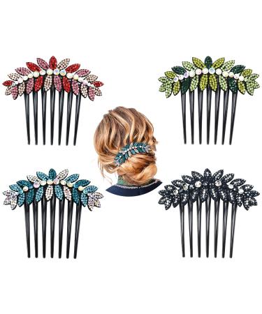 4 Pack Luxury Jeweled Gems Crystal Rhinestone Sparkly Glitter Flower Leaf Black Plastic Side French Twist Hair Combs Long Teeth Slide Hairpins Barrettes Bun Chignon Clips Hair Holder for Women Girl - Buy Online on GoSupps.com