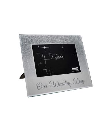 Maturi Silver Glitter Photo Frame Mirrored 6 x 4 Inch Our Wedding Day Gift