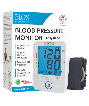 BIOS Diagnostic Blood Pressure Monitor - Easy Read Easy to use Accurate Readings Extra Large Blue Backlit Screen 2 Users 90 memory Home Use The #1 Canadian Blood Pressure Manufacturer*