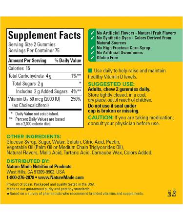 Nature Made Vitamin D3 2000 IU Gummies for Bone, Teeth, Muscle, and Immune Health - 150 Count - Buy Online on GoSupps.com