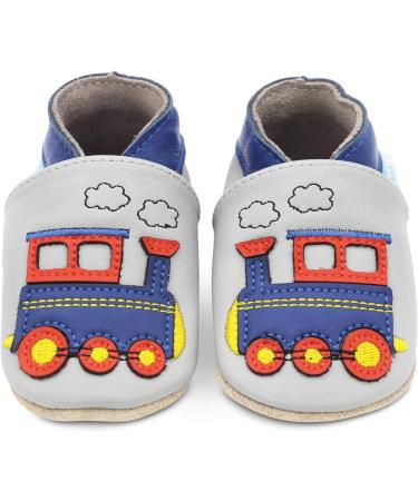 Dotty Fish Soft Leather Baby Shoes, Grey Train Design | Non-Slip Suede Soles | 0-6 Months to 4-5 Years | Toddler Boys' Footwear - Buy Online on GoSupps.com