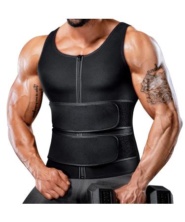 Mayboom Mens Waist Trainer Sauna Vest for Men Weight Loss Body Shaper Sweat Vest for Men Faja Para Hombre Plus Size Black Two Belt Large