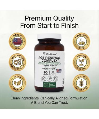 PRISTINE'S Senolytic Anti Aging & Autophagy Aid Age Renewal Complex - Senescent Cell Removal Support - Fisetin Quercetin Curcumin Zinc - Gluten Free Non-GMO Vegan USA Made 1 - Buy Online on GoSupps.com