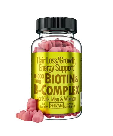 SHIZAM B-Complex 10000mcg Biotin Gummies for Hair Loss & Growth Energy Boost. for Kids Men Women | Supplement w/Vitamin B12 B9 Folate Folic Acid B7 Biotin B6 B5 E D A Zinc & Iodine