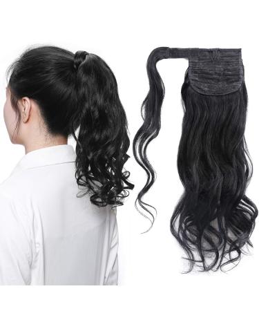Ponytail Hair Piece Hair Extension 18inch 100% Real Remy Human Hair - Wrap Around Clip in Ponytail Curly Wavy Pony Tails Jet Black 18 Inch Curly Jet Black