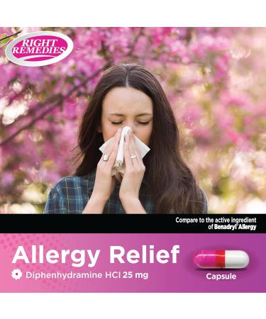 RIGHT REMEDIES Allergy Relief Antihistamine Diphenhydramine HCL 25mg Relieves Seasonal Indoor or Outdoor Allergies Runny Nose Sneezing Allergy Relief (1000 Capsules) - Buy Online on GoSupps.com