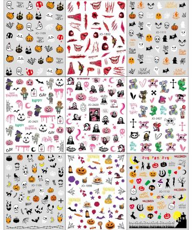 JMEOWIO 9 Sheets Halloween Nail Art Stickers Decals Self-Adhesive Skull Horror Ghost Pink Pumpkin Spook Nail Supplies Nail Art Design Decoration Accessories - Buy Online on GoSupps.com