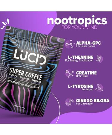 Lucid Superfood Organic Mushroom Coffee with Nootropics - Lion's Mane Tremella Cordyceps & Turkey Tail - Instant Mushroom Coffee Focus Brain Health - Alpha GPC L-Theanine Ginko Biloba - USA Made Coffee 7.94 Ounce (Pack  - Buy Online on GoSupps.com