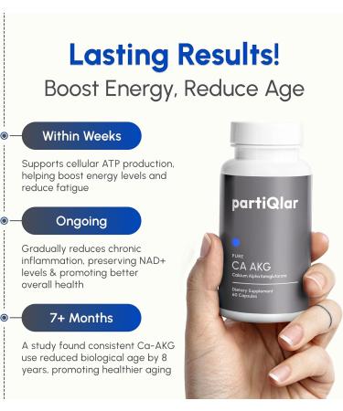 PartiQlar CA AKG Supplement - Pure Alpha Ketoglutarate with High Bio-Avaibility - Calcium AKG Supplement 1000mg per 2 Capsule Serving - Supports Healthy Aging Process - Made in The USA - 60 Capsules - Buy Online on GoSupps.com