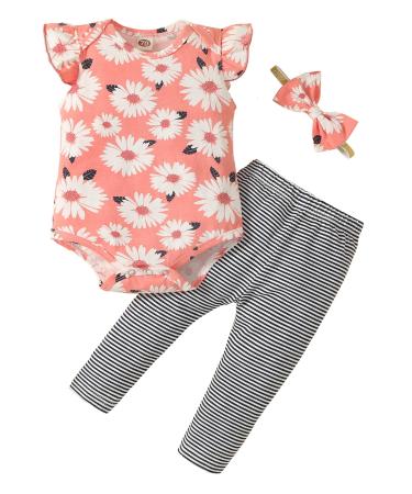 Koonde Baby Girl Clothes Newborn to 24 Months 3-piece Baby Girl Outfits Romper Trouser & Headband 18-24 Months Peach + Blue