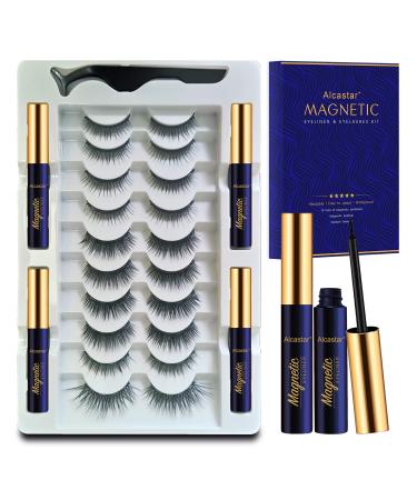 Alcastar+ Magnetic Eyelashes Natural Look - Magnetic Lashes Eyeliner - 10 Pairs Reusable Magnetic Applicator - Upgraded 4 Tubes of Magnetic Eyeliner Lashes , Long Lasting, Easy Apply. (ATZ1004A9) KIT009