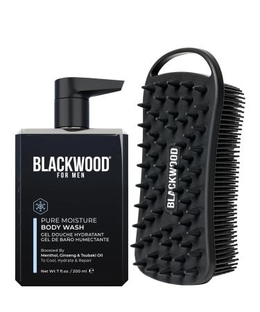 Blackwood For Men Pure Moisture Body Wash (7oz) + Double Duty Beard & Body Scrubber Bundle - Natural Vegan Formula for Sensitive Skin and Workout Recovery - Dual-Sided Men's Shower Tool