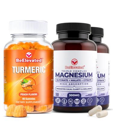 BeElevated Ginger and Turmeric Supplement Gummies (Pack of 1) Bundle with Triple Magnesium Complex (Pack of 2) Plant-Based Support for Joints Sleep and Daily Balance Vegan Non-GMO (3 Items)