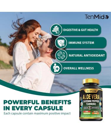 Tenmido Aloe Vera Capsules Supplement - 8in1 Formula - Combine with Turmeric Cayenne Pepper Marshmallow Fennel Gotu Kola Ginger and Black Pepper - 90 Capsules for 3 Months Supply - Buy Online on GoSupps.com