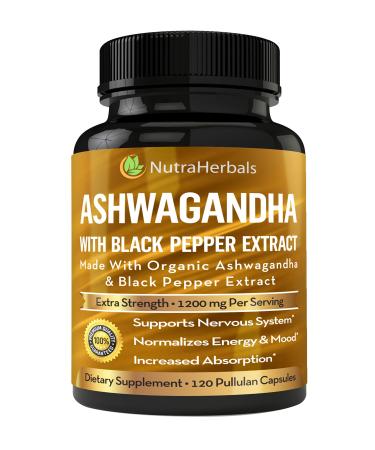 Ashwagandha Supplement Made with Organic Ashwaganda Root Powder 1200mg with Black Pepper Extract for Increased Absorption - 120 Pullulan Capsules