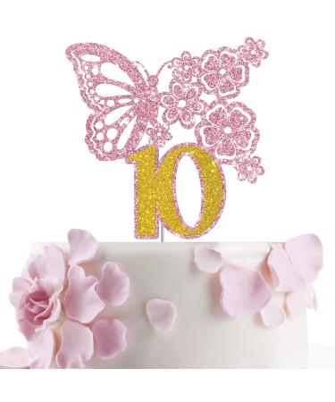Tenhaisi Pink & Gold 3D Butterfly Flower Sign 10 Cake Topper - Happy 10th Birthday/Anniversary Party Decoration 3D Cake Topper- Girls 10th Birthday Party Supplies