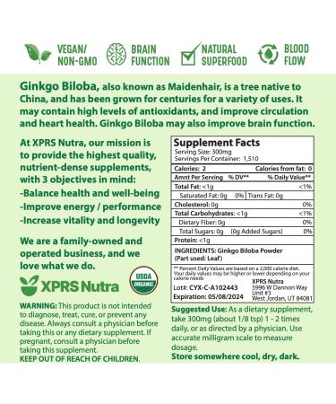 XPRS Nutra Organic Ginkgo Biloba Powder - Gingko Biloba Supplements for Cognition - Vegan Friendly Ginkoba Biloba Organic - Immunity Boosting Ginkgo Biloba Powder (16 oz) 1 Pound (Pack of 1) - Buy Online on GoSupps.com