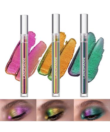 BIOKUSY 3 Pack Multichrome Liquid Eyeshadow Chameleon Metallic Color Shifting One-Swipe Coverage Quick-Drying & Waterproof Holographic Glitter Shimmer Eye Shadow Makeup Set (3 Pack Gift Kit)