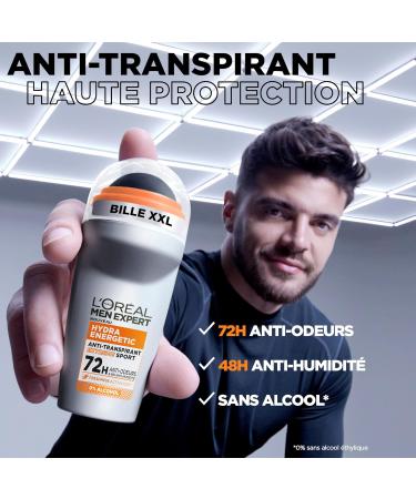 L'Or al Men Expert - Anti-Odor Roll-On Deodorant for Men - 72h Effectiveness - Alcohol-Free - Hydra Energetic Extreme Sport - 50 ml - Buy Online on GoSupps.com