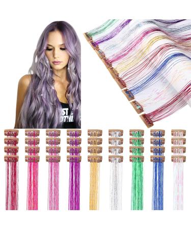 36 Pcs 19.7 Inch Clip in Hair Tinsel Fairy Hair Tinsel Kit Clips Clip on Glitter Hair Tinsel Extensions 9 Colors Heat Resistant Colorful Hair Accessories for Women Girls Kids Party Retro Colors
