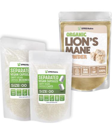 XPRS Nutra Separated Size 00 Capsules (1000 Count) with Lion's Mane Powder (16 Ounce) Bundle