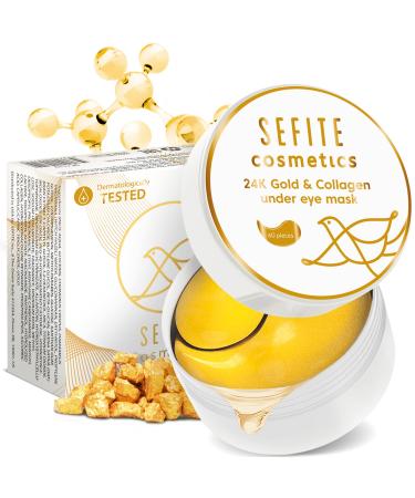 SEFITE 24k Gold Eye Mask 60 psc - Collagen Under Eye Patches - Dark Circles and Puffy Eyes Treatment - Reduce Wrinkles and Undereye Bags - Korean Gel Eye Pads for Women and Men (24K Gold)