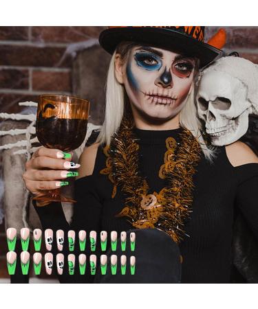 Halloween Nails Halloween Press on Nails Medium Horror Ghost and Skull Halloween Fake Nails 24PCS Coffin French Tip False Nails with Gel Glue for Halloween - Buy Online on GoSupps.com