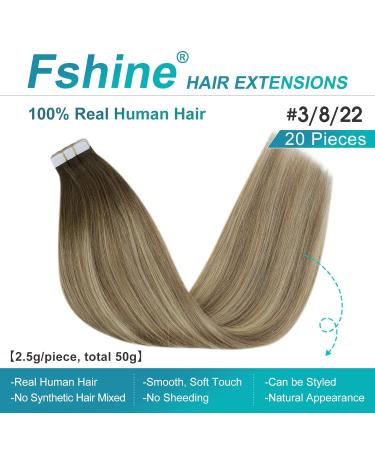 Buy FSHINE Tape In Extensions - Real Hair Balayage Dark Brown to Ash Blonde 50cm & 40cm Skin Weft 20 Pieces Remy #3/8/22 - Buy Online on GoSupps.com