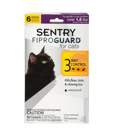 SENTRY Fiproguard for Cats, Flea and Tick Prevention for Cats (1.5 Pounds and Over), Includes 6 Month Supply of Topical Flea Treatments