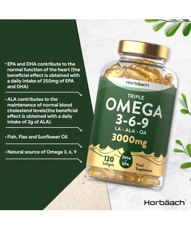 High Strength Omega 3 6 9 Capsules | 3000mg | 120 Softgels | Triple Omega 369 with EPA DHA & ALA | Fish Oil Flaxseed Sunflower | Horbaach - Buy Online on GoSupps.com