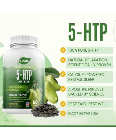 100% Pure 5-HTP Supplement with Calcium Mood Stress & Sleep Support for Adults | 60 Capsules | Neurotransmitter Formula - Buy Online on GoSupps.com