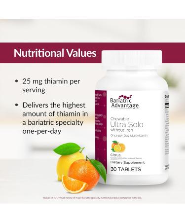 Bariatric Advantage Chewable Ultra Solo Without Iron - Once-Per-Day Daily Multivitamin - for Bariatric Surgery Patients - Thiamin Vitamin A & More - Gluten-Free - Citrus - 30 Count 30 Count (Pack of 1) - Buy Online on GoSupps.com