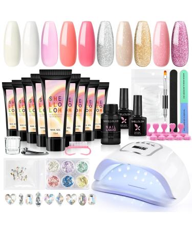 Poly Gel Nail Kit with U V Lamp 10 Colors Pink Glitter Poly Nail Extension Gel 110W LED U V Nail Lamp with Slip Solution Nail Prep Dehydrator Poly Nail Gel Kit Nail Art Supplies VE128