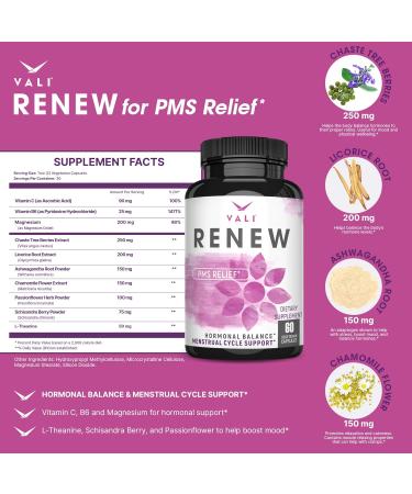 VALI Renew PMS Relief Supplement - Herbal Formula for Women's Menstrual Cycle Support Cramps & Mood Relief - 60 Veggie Capsules - Buy Online on GoSupps.com