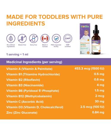 KidzVita - Polyvitamin Drops with Zinc - Multivitamins for 1-3 Years Toddlers 9 Essential Vitamins (Vitamin A Vitamin B Complex C & D3) - Mineral of Zinc - Eyesight Support - Immune Boost - Stronger Bones - Healthy Teeth - Natural Mandarin Orange Flavour  - Buy Online on GoSupps.com