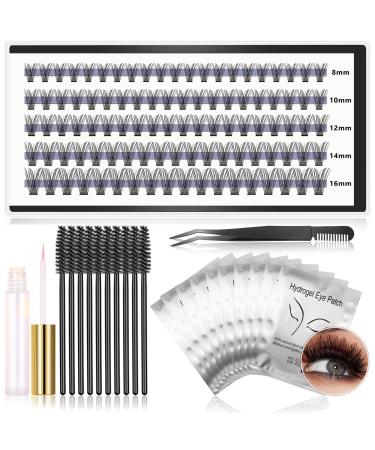 Qinzave DIY Individual Lash Extensions Clusters C Curl Mix 8-16mm Soft Comfortable Lash Cluster Extensions with Eyelash Glue Eye Gel Pads Mascara Eyelash Brushes  Lashes Cluster Extension DIY at Home