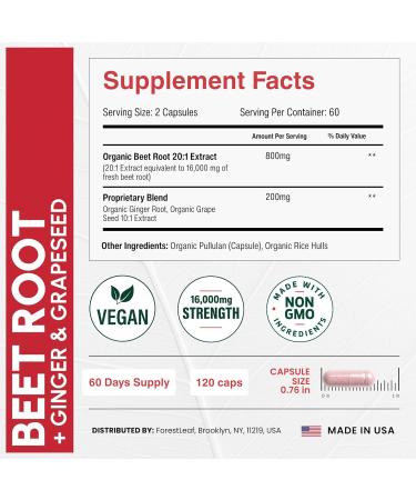ForestLeaf USDA Organic Beet Root Capsules - Beetroot Supplement 16000 mg Strength 20:1 Extract w/Ginger Grape Seed - Support Blood Pressure Nitric Oxide Flow Circulation - Made in USA - 120 Caps 120 Count (Pack of 1) - Buy Online on GoSupps.com