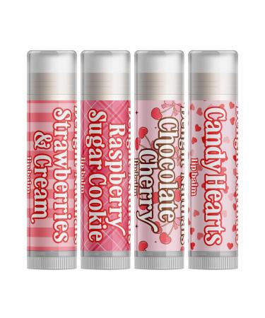 Delight Naturals Valentines Lip Balm Gift Set - Strawberries & Cream Raspberry Sugar Cookie Chocolate Cherry Candy Hearts