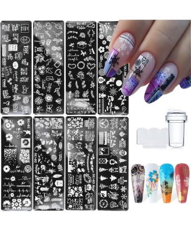 Nail Stamper Kit, 8 PCS Nail Stamping Plate with Nail Art Stamper & Scraper Flowers Leaves Words Graffiti Nail Stamp Plates, Nail Stamps for Nail Art Nail Stencils for Nail Art Reusable Manicure Tools