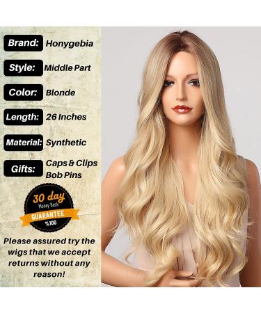 Blonde Ombre Wavy Wig with Dark Roots - Long Curly Synthetic Hair for Women - Heat Resistant Natural Looking Wig for Halloween/Party/Cosplay - Buy Online on GoSupps.com