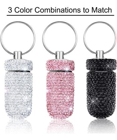 Soleebee 3-Piece Crystal Diamond Pill Box Keychain - Portable Waterproof Rhinestone Storage for Travel & Camping (Pink White Black - Buy Online on GoSupps.com