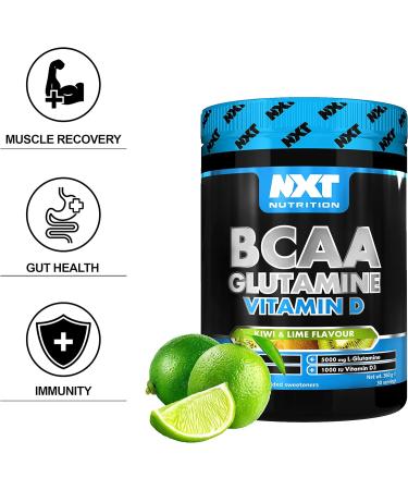 NXT Nutrition BCAA Glutamine & Vitamin D | BCAAs with Vitamin D & L-Glutamine for Recovery, Gut Health & Muscle Synthesis | Kiwi Lime Flavor - 360g - Buy Online on GoSupps.com